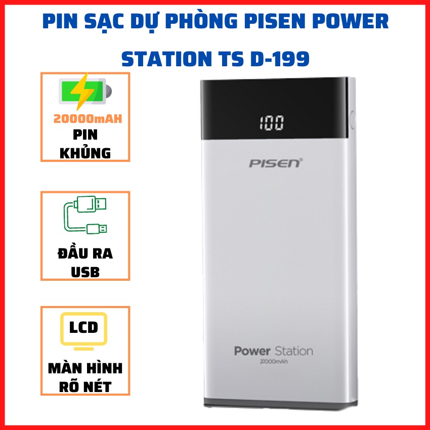 Sạc Dự Phòng, Pin Sạc Dự Phòng, Sạc Pisen - Pin sạc dự phòng Pisen 20.000mAh LCD Power Station TS-D199, Pin Cực Khủng