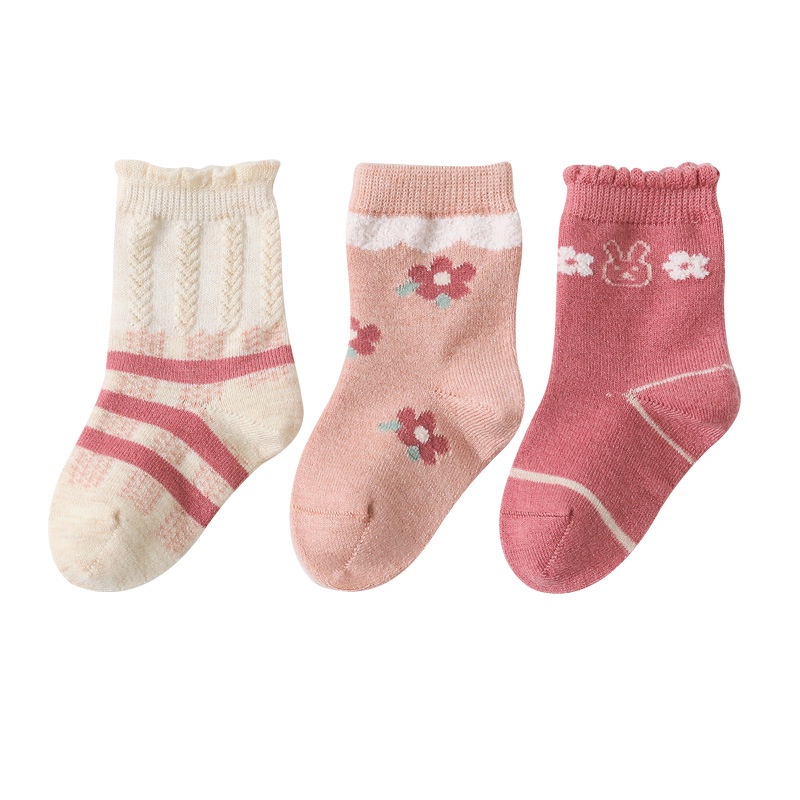 Set 3 đôi vớ len ấm áp KOKOROCARE YSZ-30 in họa tiết hoạt hình dễ thương thời trang thu đông cho bé gái 0-3 tuổi S/ M/ L