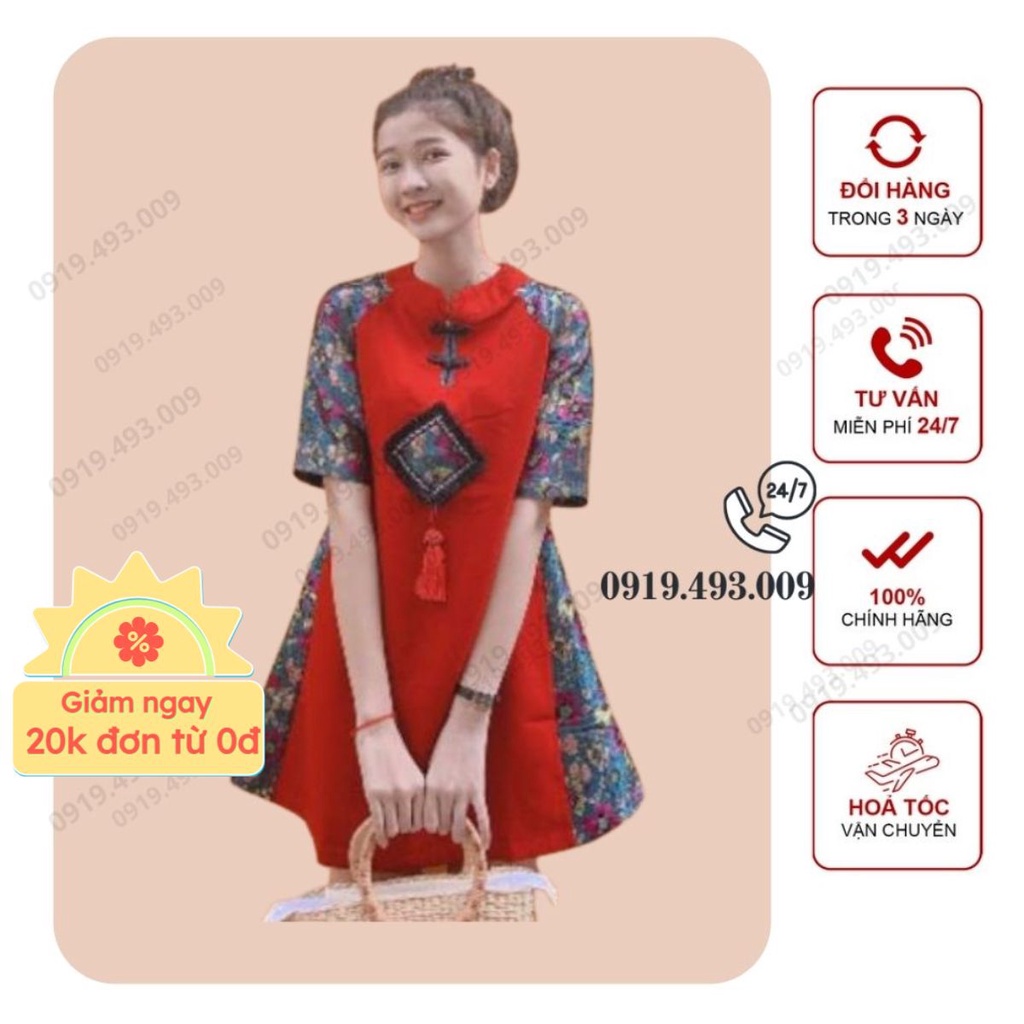 Đầm dự tiệc, Áo dài cách tân phong cách, đầm đỏ sườn xám phối gấm hoa cao cấp [Kèm ảnh thật]
