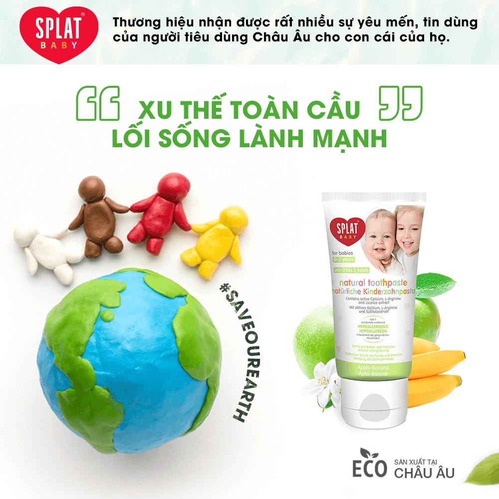 Kem đánh răng Splat Baby cho trẻ sơ sinh đến 3 tuổi hương táo và chuối kèm bàn chải rơ lưỡi cao cấp 40ml