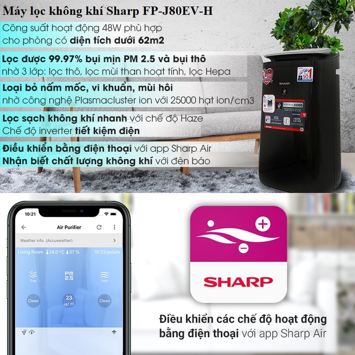 Máy lọc không khí inverter Sharp cảm biến báo chất lượng không khí, khử mùi, hút bụi mịn cho phòng 30m2 - 50m2 - HAPOS