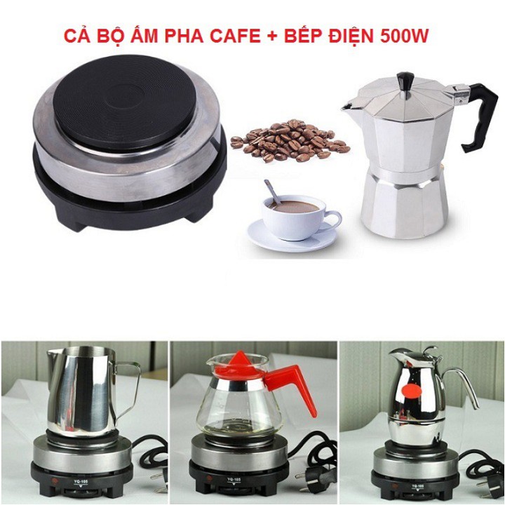 Bộ Ấm Pha Cafe, Combo Ấm Cafe Moka Pot Moka 300ml ( 6 Cup ) Và Bếp Điện Mini 500W Đun Các Loại Ấm