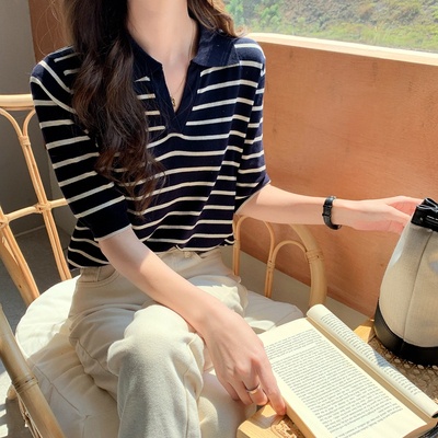 Áo Dệt Kim Thun Ngắn Tay Dáng Rộng Kẻ Sọc Kiểu Hàn Quốc Thời Trang Mùa Hè Cho Nữ | BigBuy360 - bigbuy360.vn