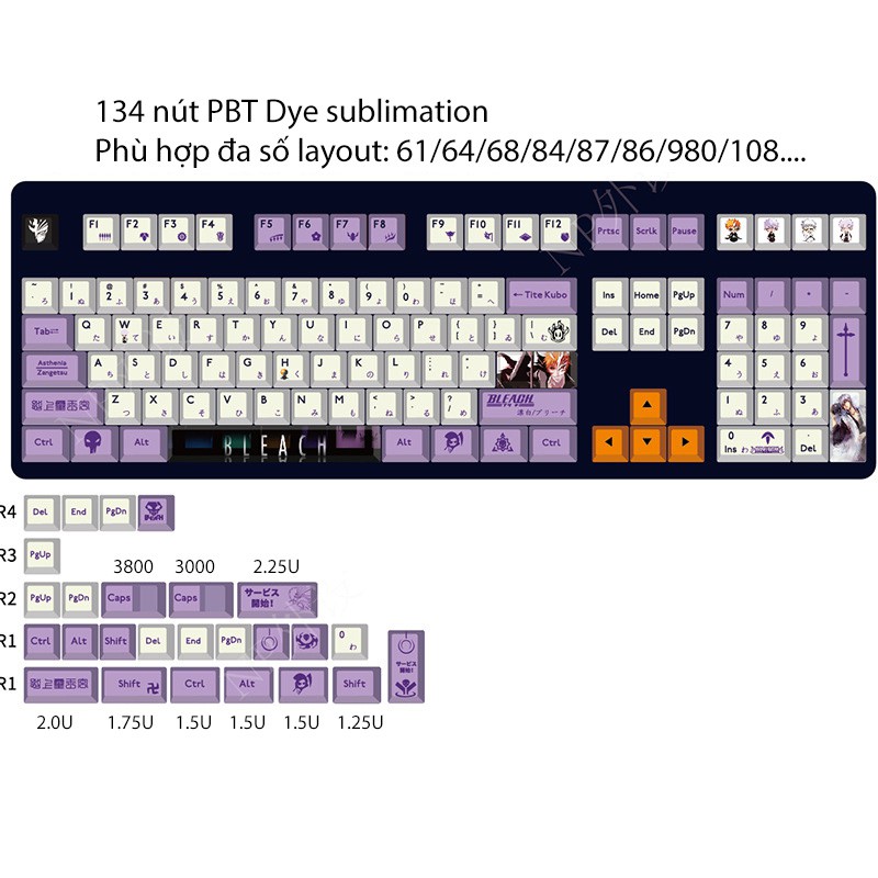 Bộ keycap PBT in dye sub Bleach 134 phím cho bàn phím cơ