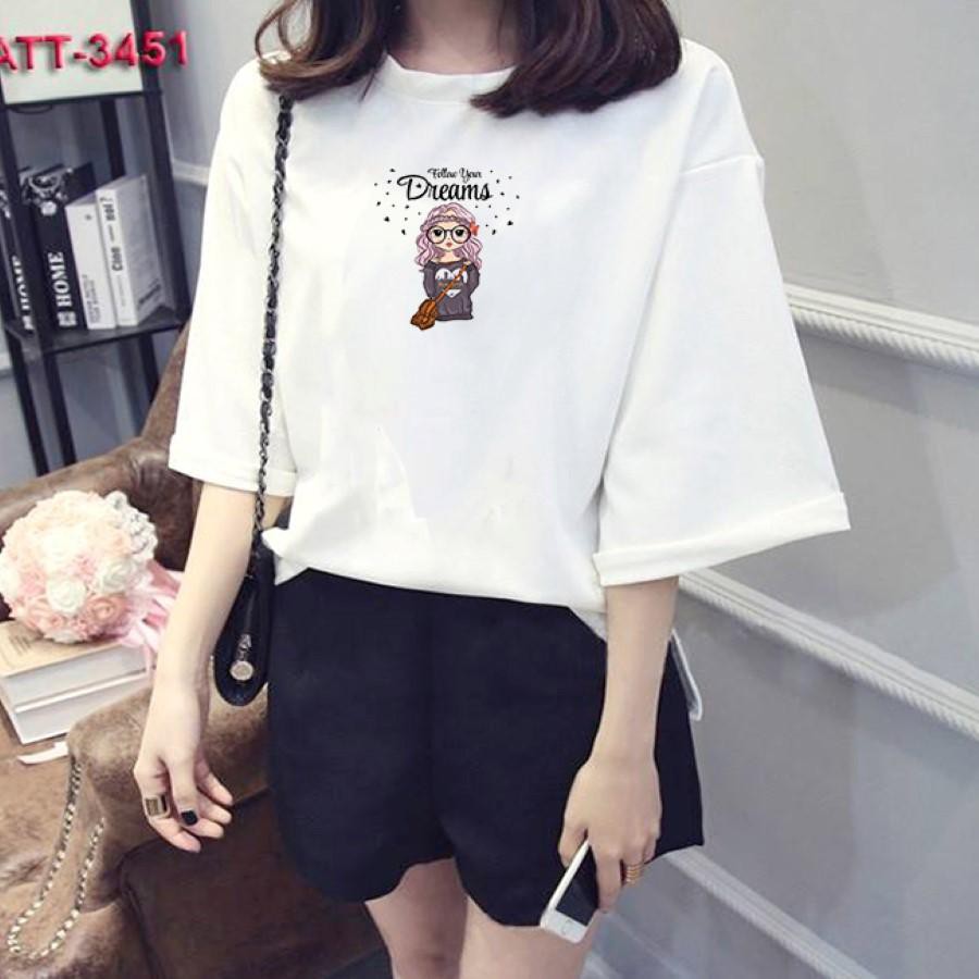 Áo thun nữ tay lỡ Hàn Quốc form rộng in hình dream follow you vài dày mịn TEEWOTL51