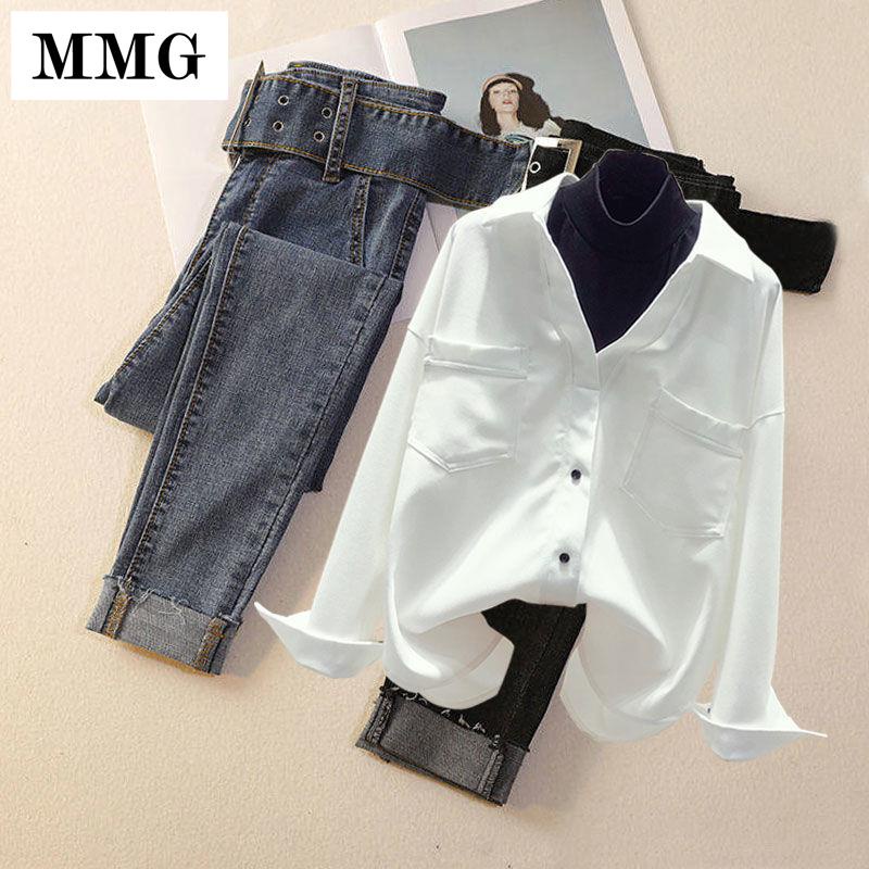 ✤☃┋Plus set áo sơ mi giả hai mảnh + quần jeans lưng cao thời trang mùa thu 2021 cho nữ 15 ngày