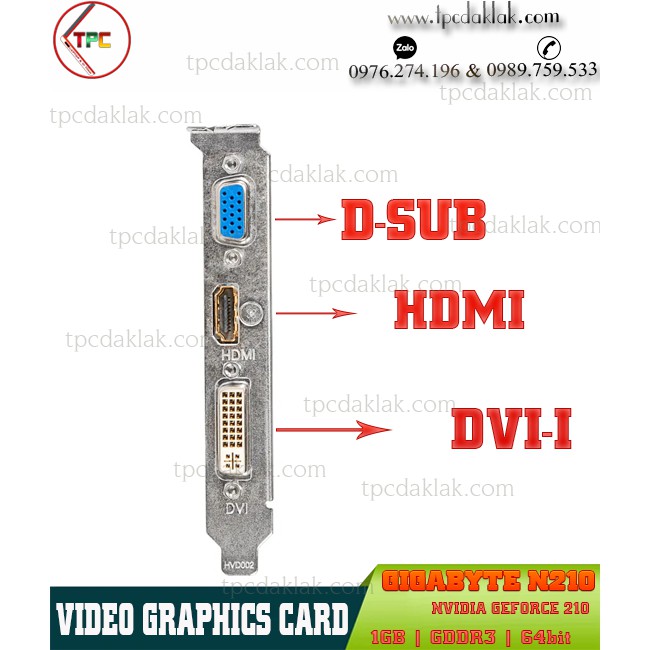 Card màn hình Gigabyte N210, 1GB, GDDRD3 64BIT | VGA máy tính bàn Gigabyte N210 ( HDMI/ DVI-I/ VGA )