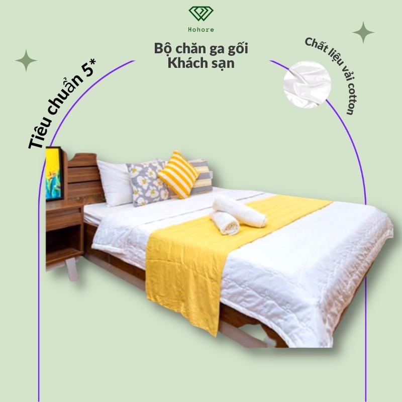 Bộ chăn ga gối khách sạn Riotex vải cotton trắng trơn 5* cao cấp kích thước 1m6 - 2m2 x 2m [ nệm cao 5cm-27cm ]