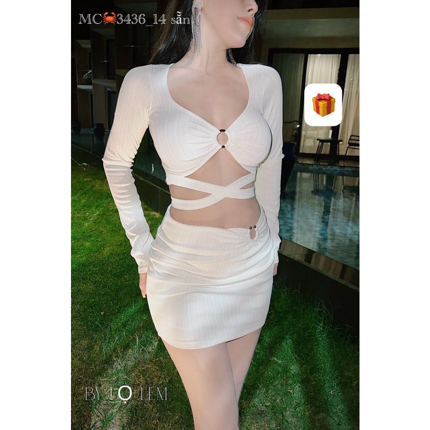 Đầm body nữ kiễu xoắn ngực có mút dáng ngắn chất thun gân tay dài khoét eo hot MK72