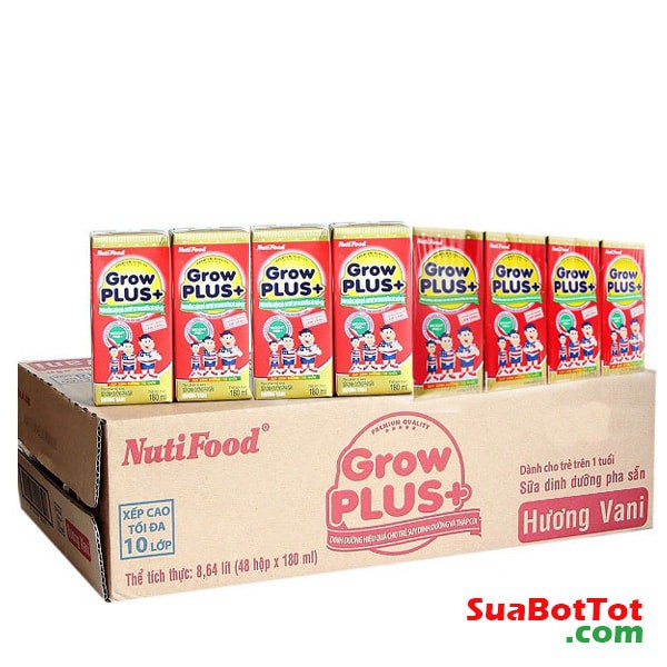 Lốc 4 hộp sữa pha sẵn NutiFood Grow Plus+ hương vani 110 ml(cho trẻ suy dinh dưỡng, thấp còi)