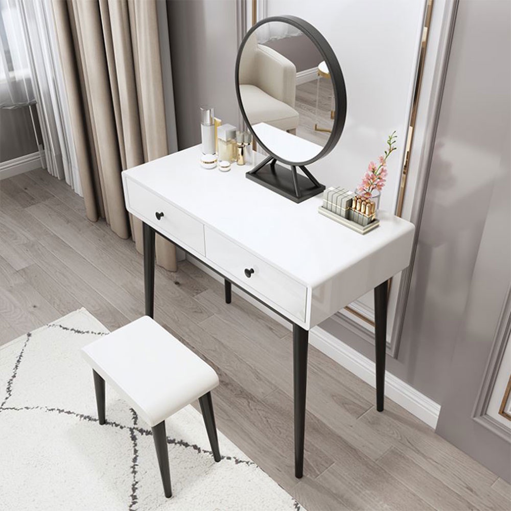 Bộ bàn trang điểm phòng ngủ 2 ngăn kéo IBIE Marta có gương tròn, mặt gỗ MDF sơn PU, chân sắt ống col sơn tĩnh điện