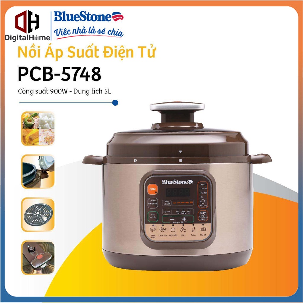 Nồi Áp Suất Điện Tử BlueStone PCB 5748, Công Suất 900W, Dung Tích 5Lit, Bảo Hành Chính Hãng 2 Năm