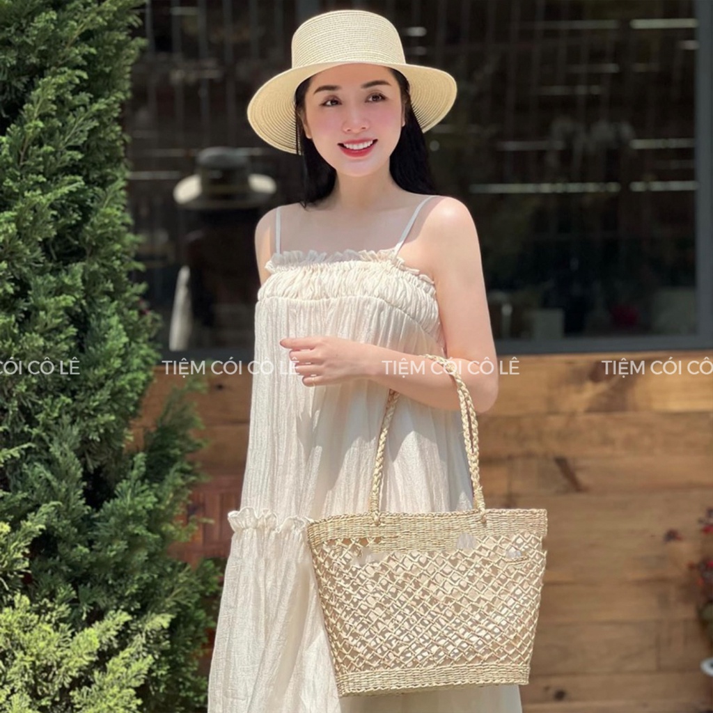 Túi cói đi biển đan móc nơ ren điệu đà 2 size cho mẹ và bé, làn thưa xinh xắn decor chụp ảnh - Tiệm Cói Cô Lê