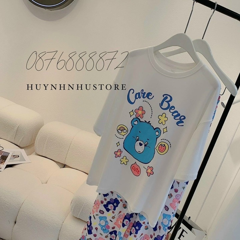 Set áo cotton quần suông gân gấu xanh xinh xắn O1