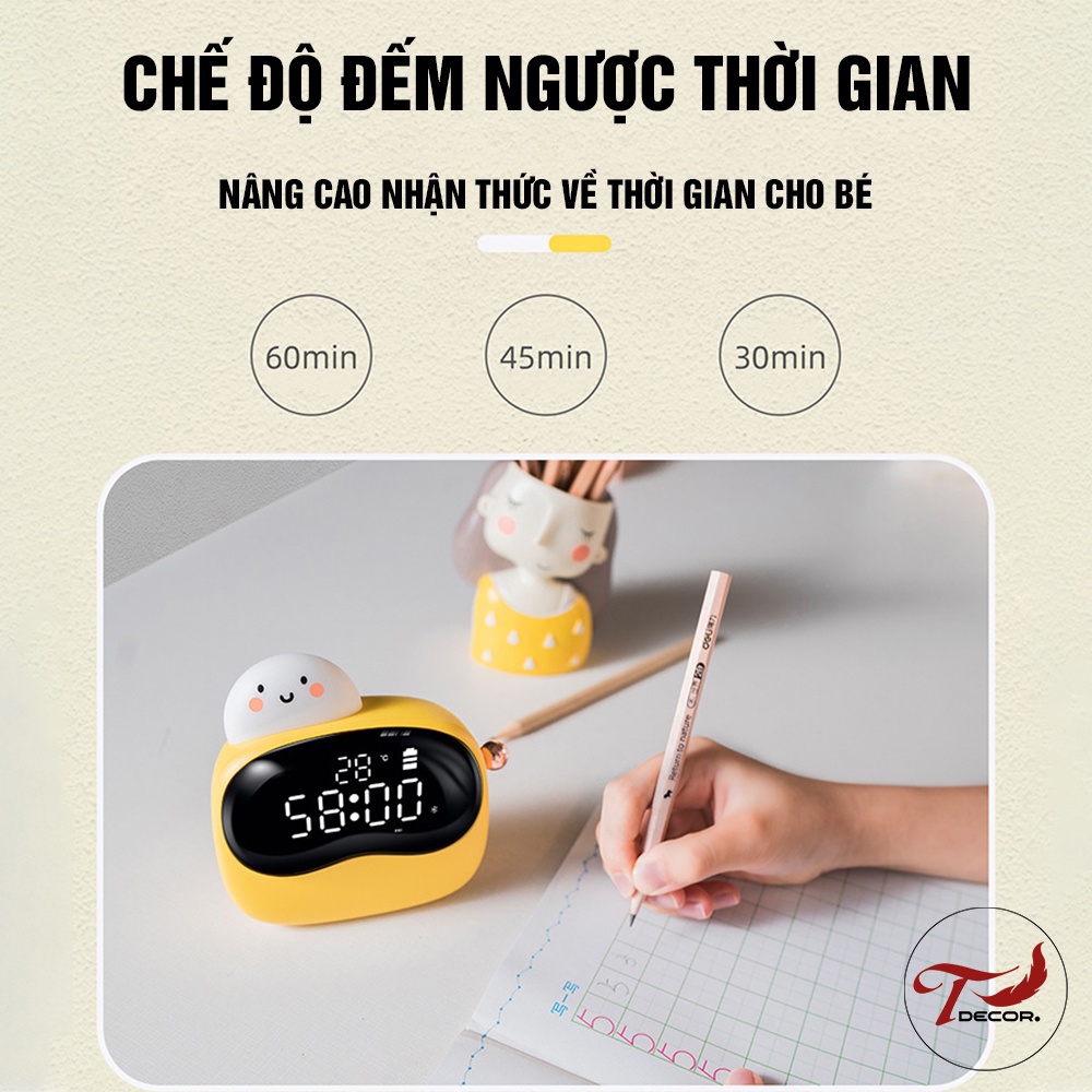 Đồng Hồ Bé Trứng Cute-Đồng Hồ Decor Trang Trí Bàn Học, Bàn Làm Việc-Kiêm Đèn Ngủ-Kết Nối ĐT Thông Minh Kèm Sạc USB - T