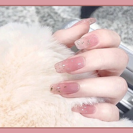 Set 24 móng tay giả dài Hin Nail tông màu hồng ánh nhũ