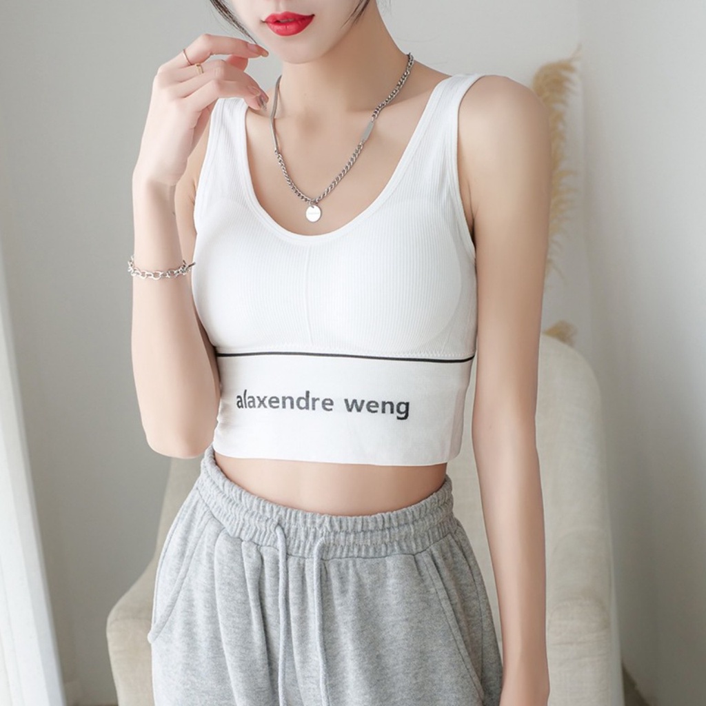 Áo Croptop kiểu có mút ngực in chữ alaxender weng, chất liệu thun gân tăm thoáng mát, thích hợp tập gym, đi dạo