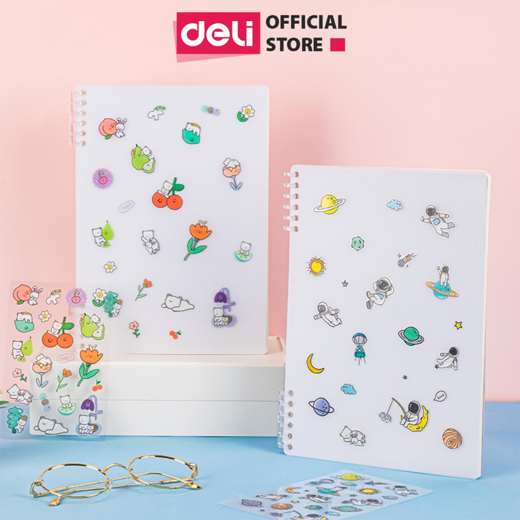 Sổ vở lò xo gáy xoắn kẻ ngang Deli khổ A5/B5 100 trang bìa nhựa ghi chép có kèm sticker trang trí đi kèm - 24507