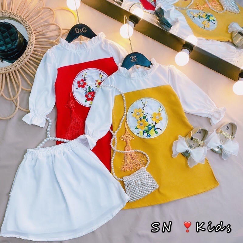 Set Áo dài cách tân hoa mai cho bé gái từ 8-22kg