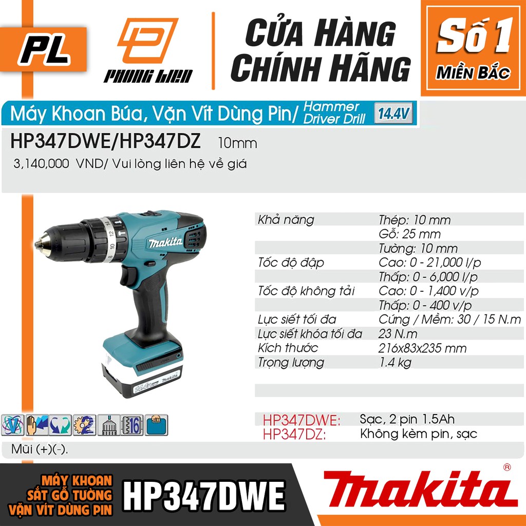 Máy Khoan Bắt Vít Makita HP347DWE (14.4V-1.5AH) - Hàng Chính Hãng