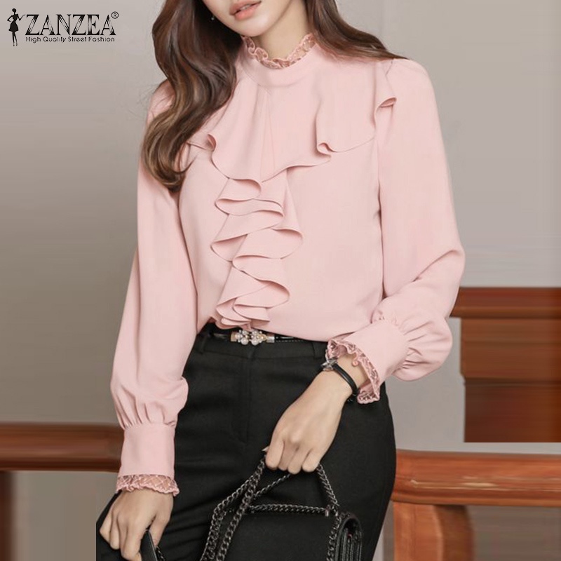 Áo Zanzea cổ cao tay dài bèo nhún cài nút sau lưng thời trang cho nữ