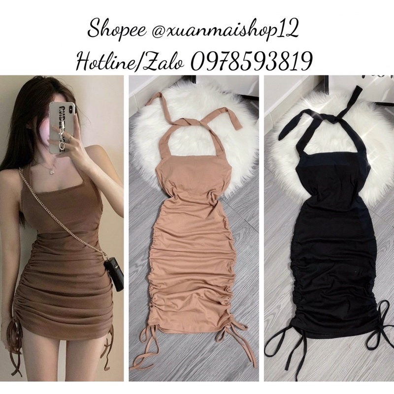 [FREESHIP]Đầm nữ ôm body cột cổ nhún sườn rút dây chất cotton borip xịn xò hai màu đen nude
