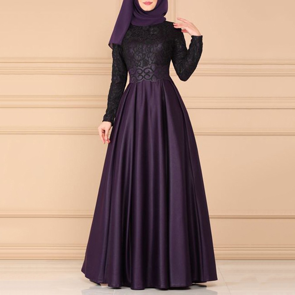 YAR_Vintage Muslim Women Lace Patchwork Long Sleeve Dubai Kaftan Dress without Hijab