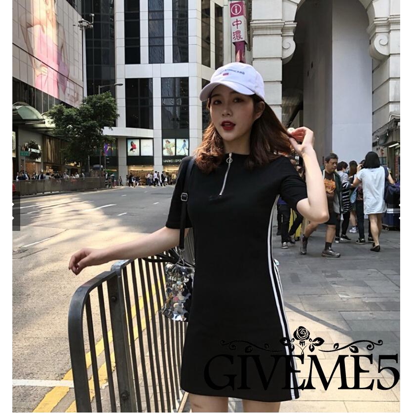 Đầm dáng ôm tay ngắn phối khóa kéo thời trang năng động cho nữ