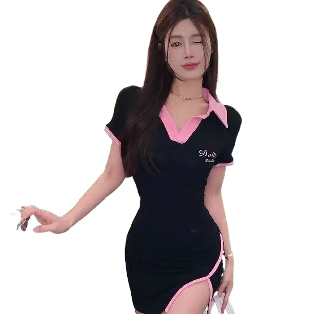 Đầm Polo Thêu Họa Tiết Thiết Kế Lệch Tà Kiểu Hàn Quốc Quyến Rũ