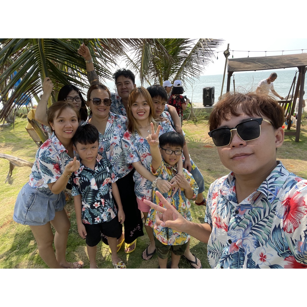 Áo sơ mi đi biển - hoa hạc - sơ mi hawaii , đồ đi biển , đồng phục đi biển vãi đũi