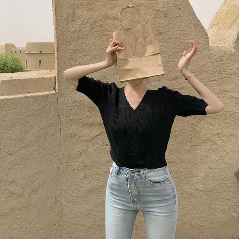 Áo dệt kim ngắn tay cổ chữ v thời trang mùa hè cho nữ