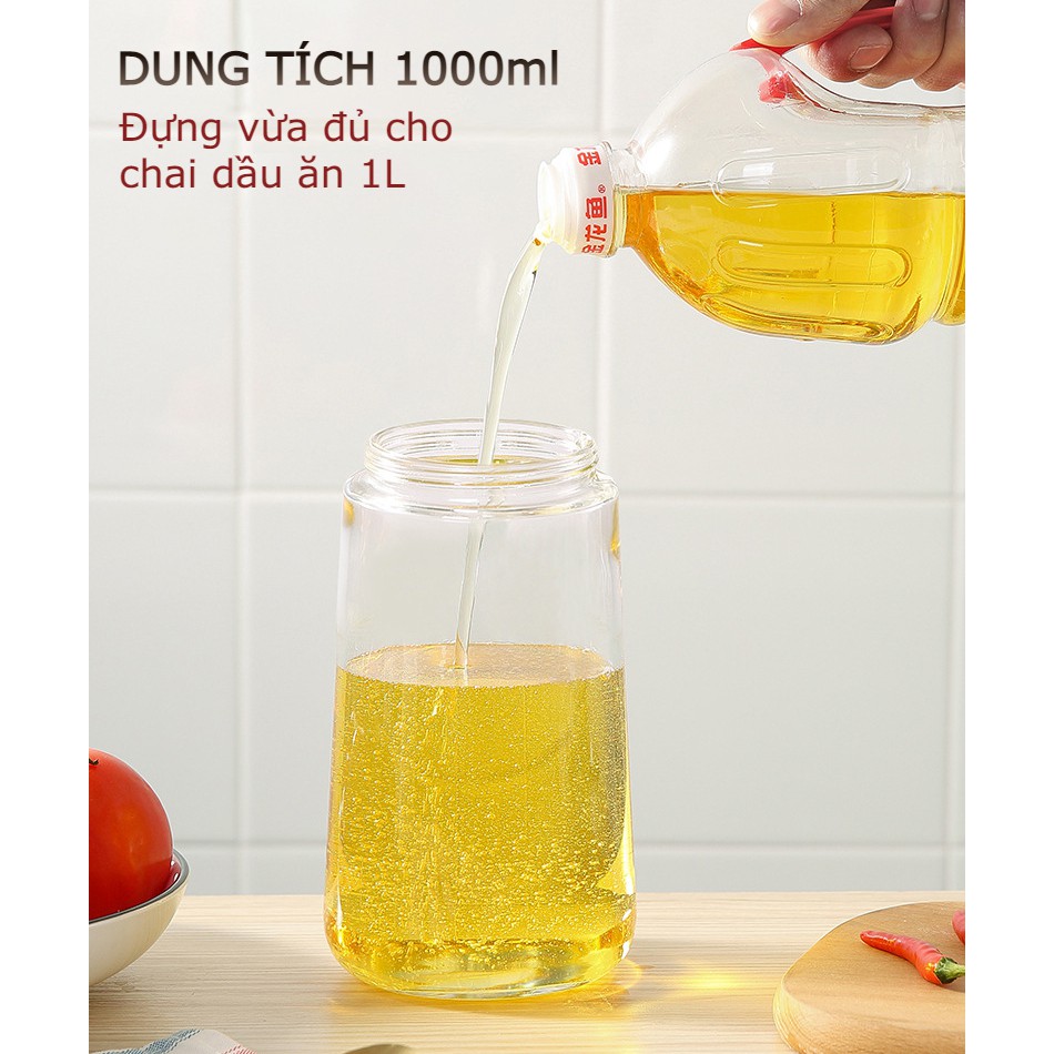 Bình Đựng Dầu Ăn Bằng Thủy Tinh Dày Dặn Dung Tích 1000ML Nắp Đóng Mở Tự Động Kèm Vòi Rót Dầu Inox 304 Hàng Chất Lượng