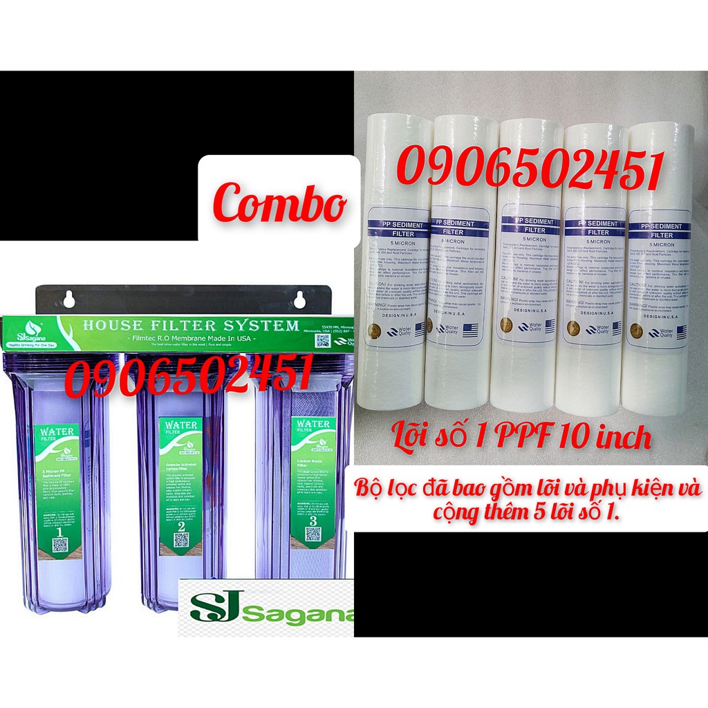 COMBO Bộ lọc nước sinh hoạt gia đình 3 cấp ly 10 inch +5 CÂY LÕI SỐ 1 PPF10