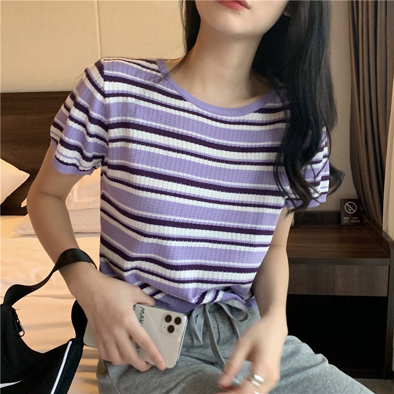 Áo thun ZHELIHANGFEI tay ngắn dáng rộng bằng lụa lạnh họa tiết kẻ sọc tương phản thời trang mùa hè 2022 xinh xắn cho nữ