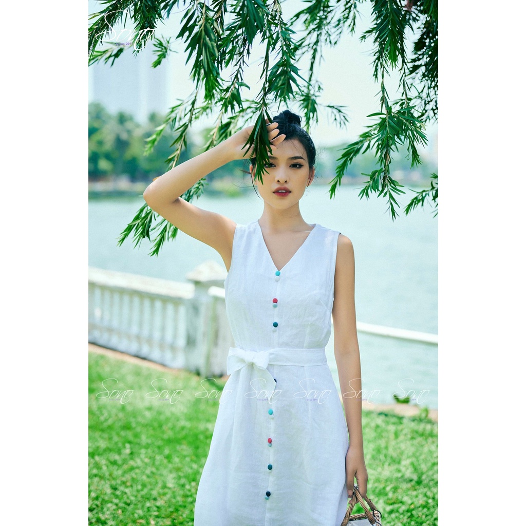 SoNo - Đầm Linen Kết Hợp Nút Bọc Nhiều Màu Đầm Tiểu Thư Dáng  Xuông Thanh Lịch