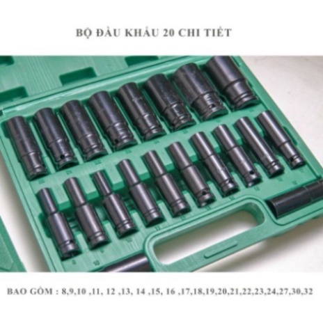 Bộ Khẩu dài 20 Món Dùng Cho Máy Siết Bulong 8mm-32mm - Hàng Cao Cấp Chống Han Rỉ Chống Vỡ