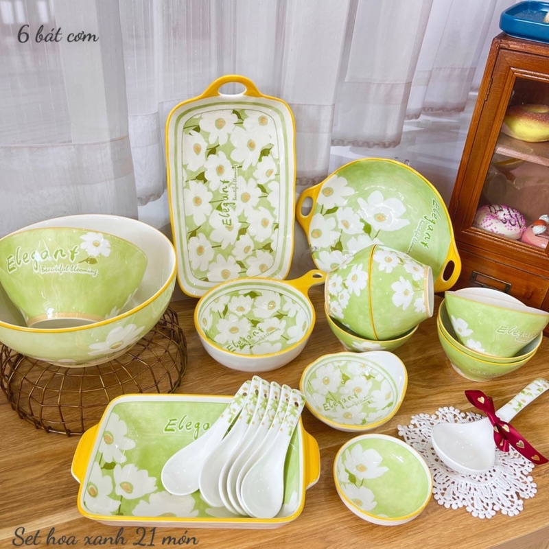 Bát Đĩa Decor Chén Dĩa Sứ Hoạ Tiết Cúc Hoạ Mi Xanh Tô Sứ Bát Ăn Cơm Decor Sứ Cao Cấp