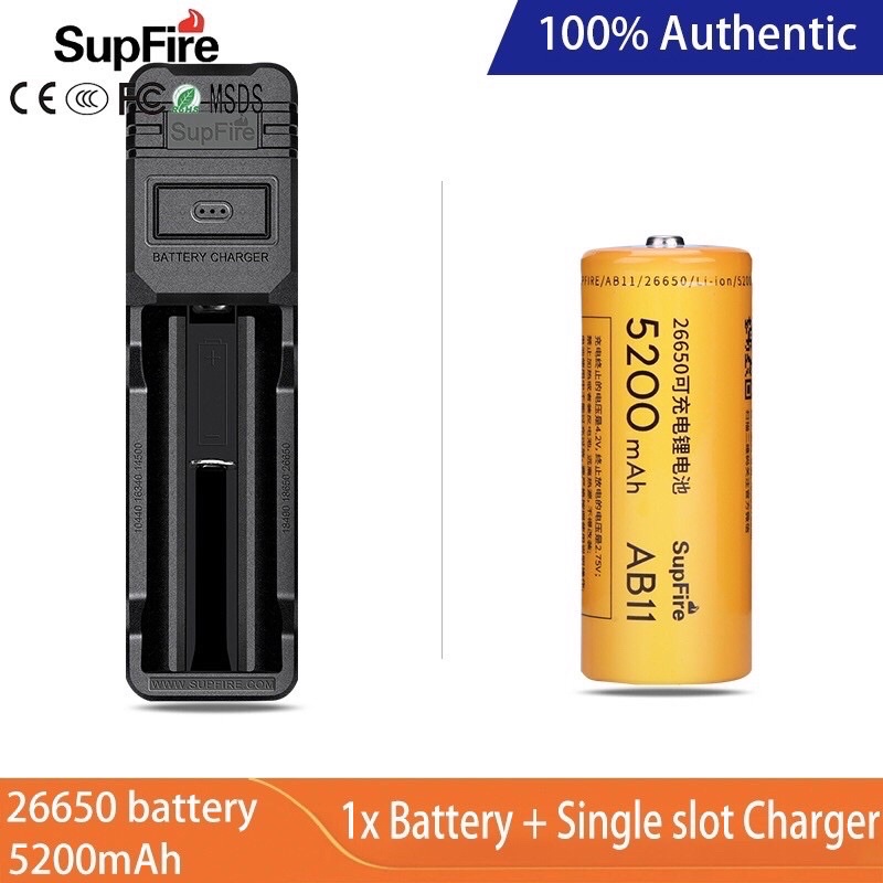 Pin Sạc Supfire Li-ion 3,7V 26650 5200 mAh Đầu Lồi Đế Sạc Pin 4,2V Hàng Chính Hãng Chất Lượng Cao