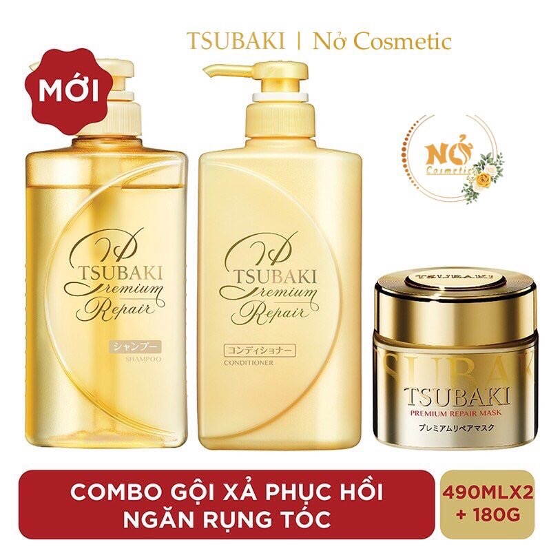 Combo 3 món Gội + Xả + Mặt Nạ Tóc Phục hồi hư tổn và Ngăn rụng tóc TSUBAKI Premium Repair ( 490ml + 490ml + 180g )