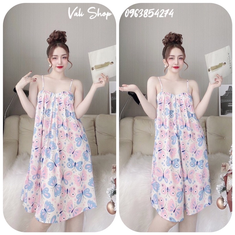 Váy ngủ lụa latin 2 dây xếp ly hoạ tiết freesize 42-60kg
