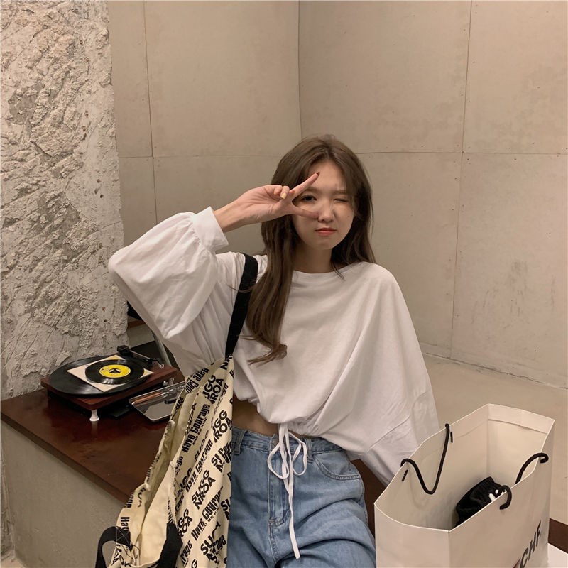 Happy-store ❤️ Áo Sweater dài tay dáng rộng rút dây thời trang mùa thu xinh xắn cho nữ