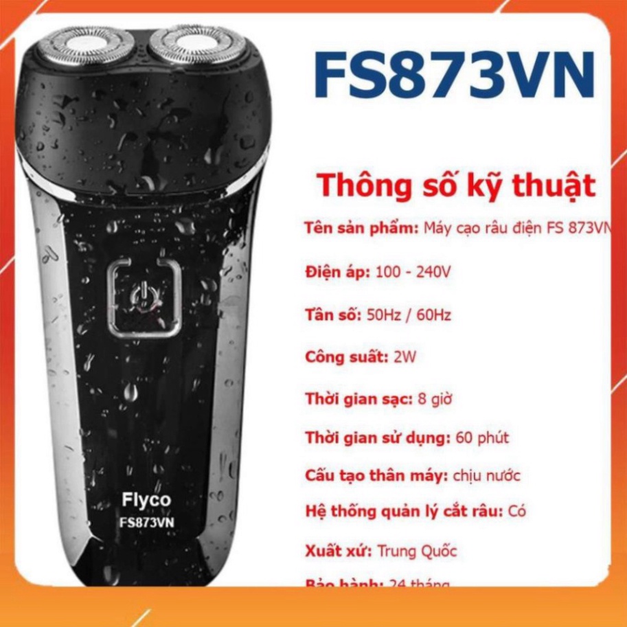 Máy cạo râu điện, Máy cạo râu FLYCO FS873VN 2 lưỡi  hàng chính hãng Việt Nam - Chống nước tuyệt đối IPX7