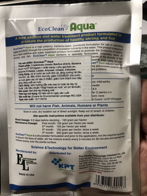 Vi sinh bể cá EcoClean Aqua (USA) - Xử lý tảo, cải thiện nước bể, ao nuôi cá cảnh (100gr/gói)