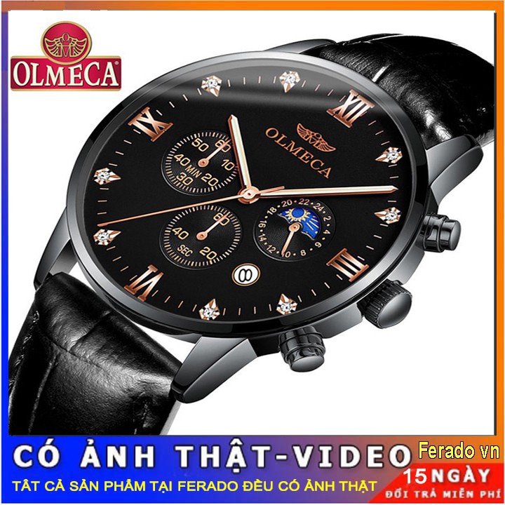 Đồng hồ nam dây da OLMECA full đen sang trọng
