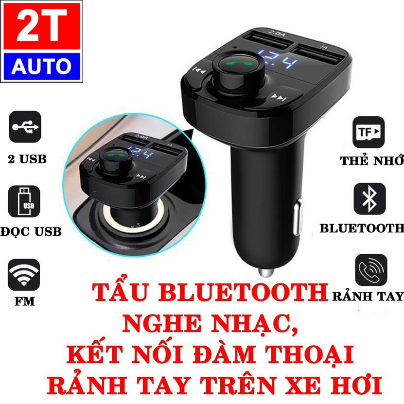 TẨU NGHE NHẠC VÀ ĐÀM THOẠI BLUETOOTH TRÊN XE HƠI Ô TÔ VỚI 2 CỔNG SẠC USB:   SKU:607