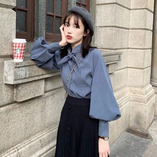 Áo sơ mi nữ tay phồng cổ thắt nơ Hàn Quốc tiểu thư công sở - Có ảnh thật