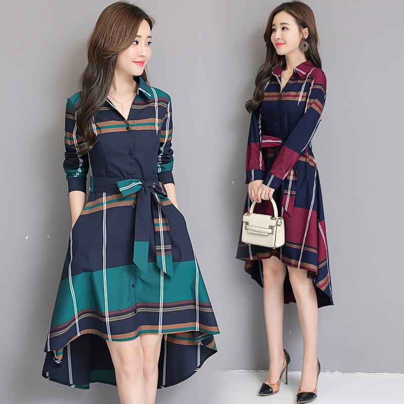 Đầm Sơ Mi Tay Dài Họa Tiết Sọc Caro Size S-3Xl Thời Trang Xuân Hè Cho Nữ