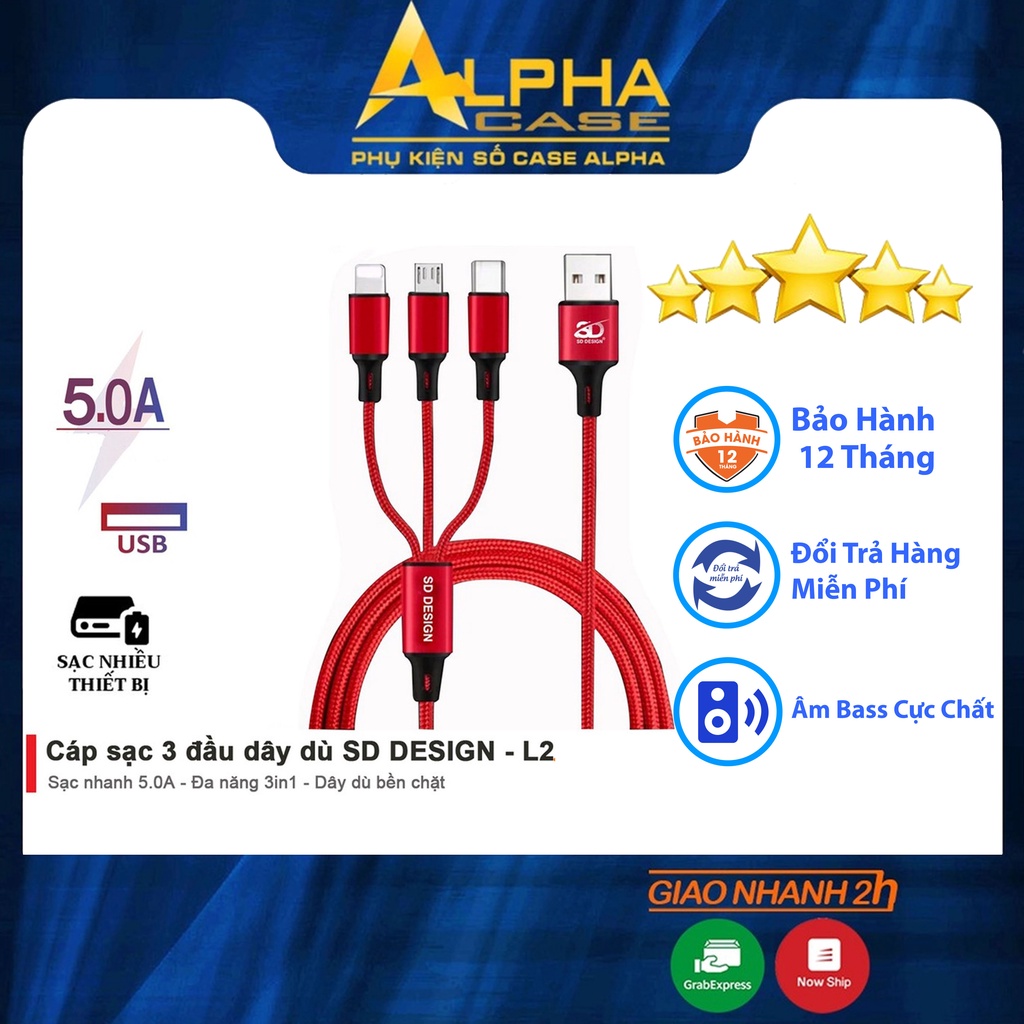 Cáp Sạc 3 Đầu L2 chính hãng SD Design đa năng 3in1 Lightning - Micro - Type C Dây Dù Sạc cho Samsung Oppo Xiaomi iPhone