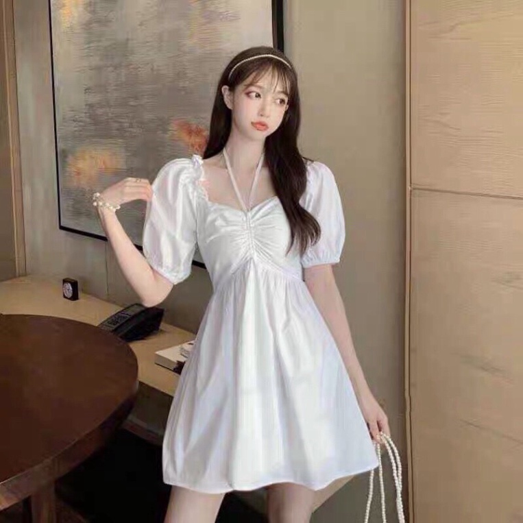 VÁY TRẮNG RÚT DÂY NGỰC VIỀN BÈO TAY CHUN - ĐẦM CỔ VUÔNG DÁNG YẾM BUỘC ULZZANG