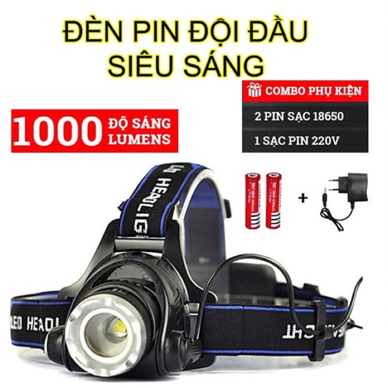Đèn đeo đầu sạc siêu sáng có zoom dùng 2 pin 18650. Bộ